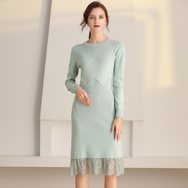 

2021 New Dressed Solid Female Mesh the Neck Lace Medium Long Knitting Line Lady in Elegant Office Dress Winter Clothes C9BO, Green