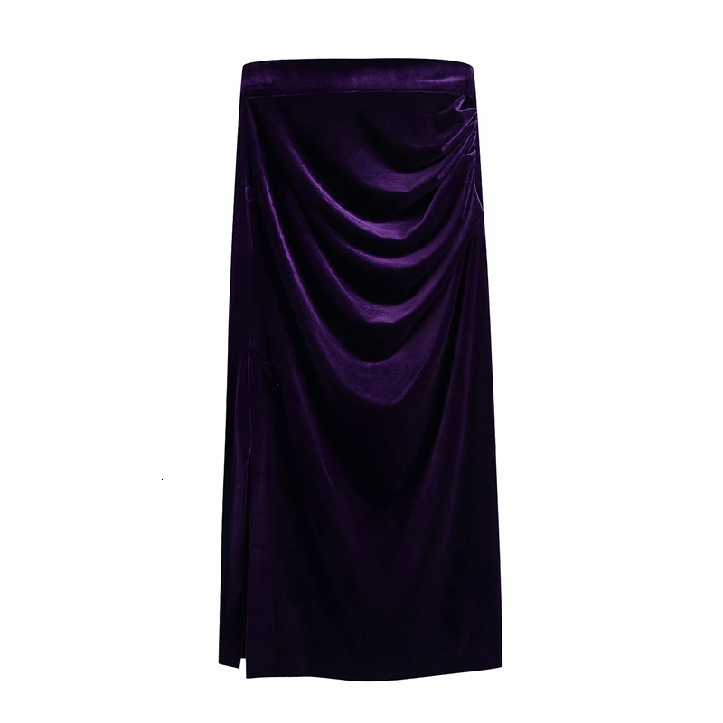 

2021 New Elegant Women Purple Veet Fashion Ladies Draped Slim Long Skirt Streetwear Female Chic High Waist Side Slit Skirts 1sj6