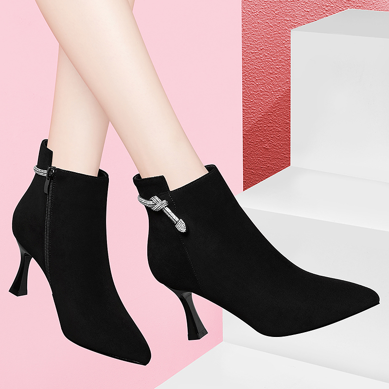 

Elegant Women's Stiletto heel Pointed toe Ankle boots with Rhinestones Chain Black Thin heel Suede Warm Short boots in 35-40