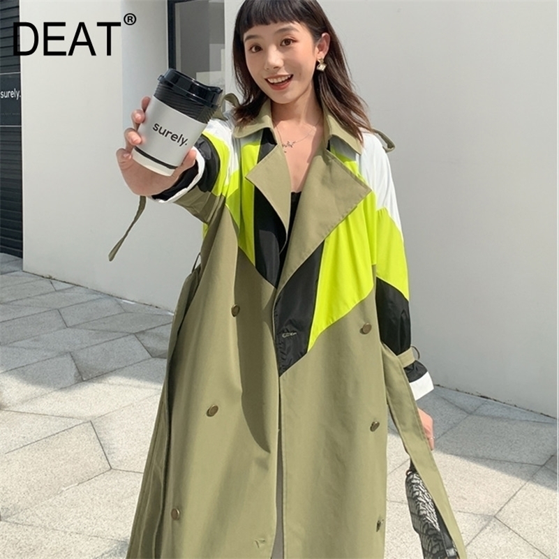 

[DEAT] New Autumn Fashion Trench Coat Women Hit Color Full Sleeve Lapel With Sashes Slim Long Length Elegant Wild HT034 201028, Bean green