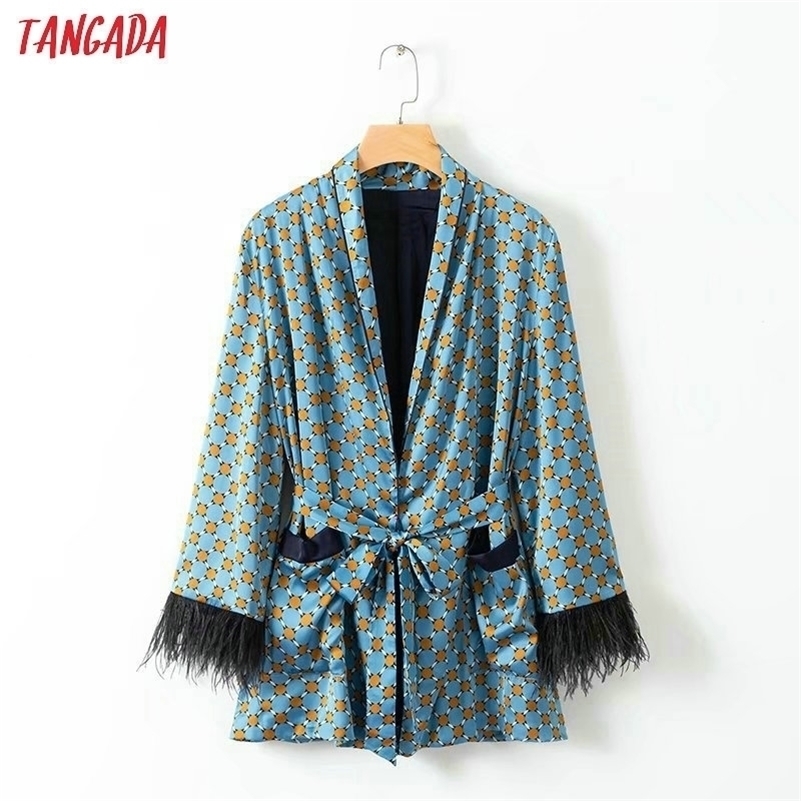 

Tangada women feathers patchworks suit blazer fashion long sleeve ladies geometric print blazer female office coat XD312 201114, Blue