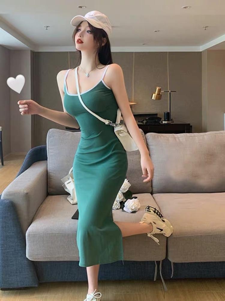 

y2k long bodycon dress with slit sexy sleeveless midi dress women summer green sling high waist, Black