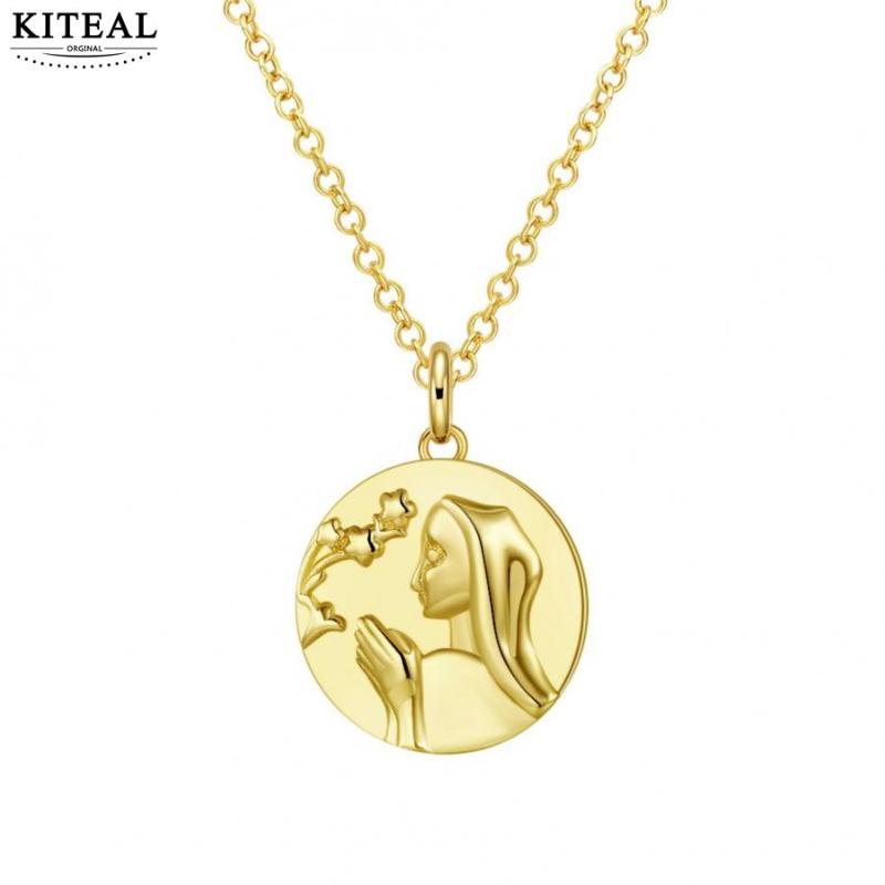 

KITEAL Hot Gift Gold color female pendant round coin Golden religious pattern collier plastron bijoux