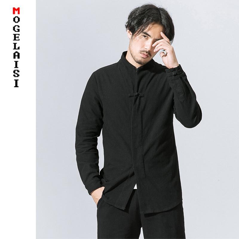 

Spring Men Shirt Linen 2019 Solid Full Sleeve Chinese style Linen Cotton Shirts Flax Men's Shirt Stand Collar Size M-5XL C331, Black