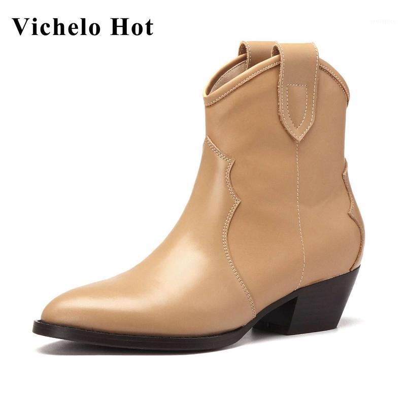 

Vichelo Hot new arrival western boots natural leather pointed toe med heel handmade high quality slip on modern ankle boots L031, Black