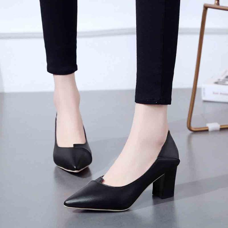 

Fashion Women Pumps Comfortable Thick With High Heel Leather Temperament Shallow Mouth Pointed Hollow Out Single Woman Shoes1, Beige