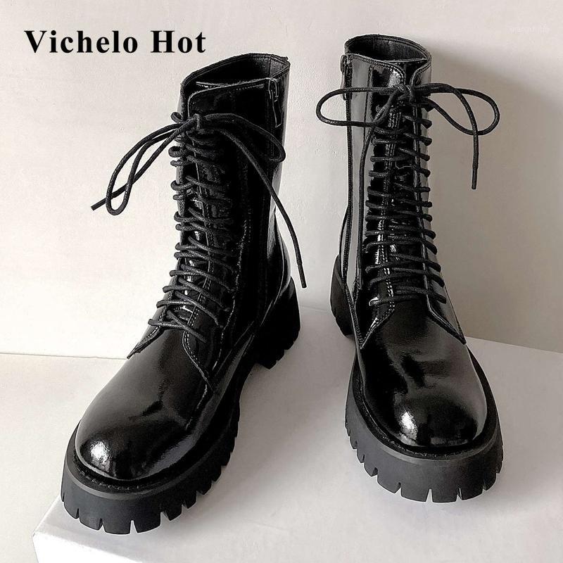 

Vichelo Hot round toe med heel riding boots cross-tied winter basic style young lady streetwear high quality mid-calf boots L021, Black1