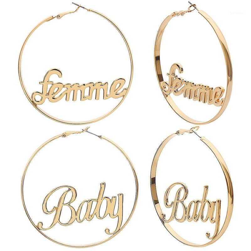 

Simple English Letter Femme Baby Large Earrings For Women Bling Gold Color Punk Big Circle Earrings Fashion Jewelry1