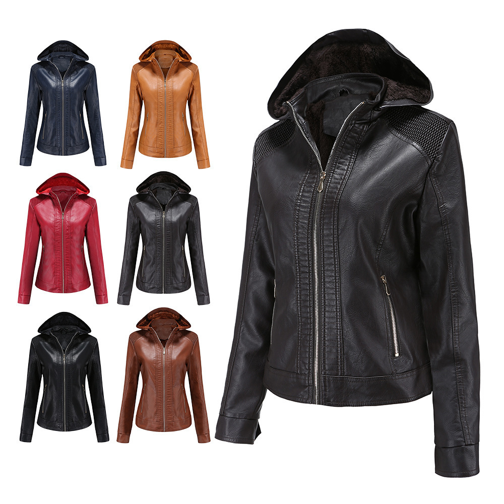 

NXH new fashion Hooded leather jacket women Flocking gothic winter coat PU biker jaket 201030, Black
