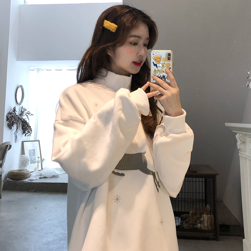 

2021 White Deer Christmas Sweaters Plus Velvet Cumbersome New Female Bottom Shirt Half Turtleneck Inside NRA6, Red.