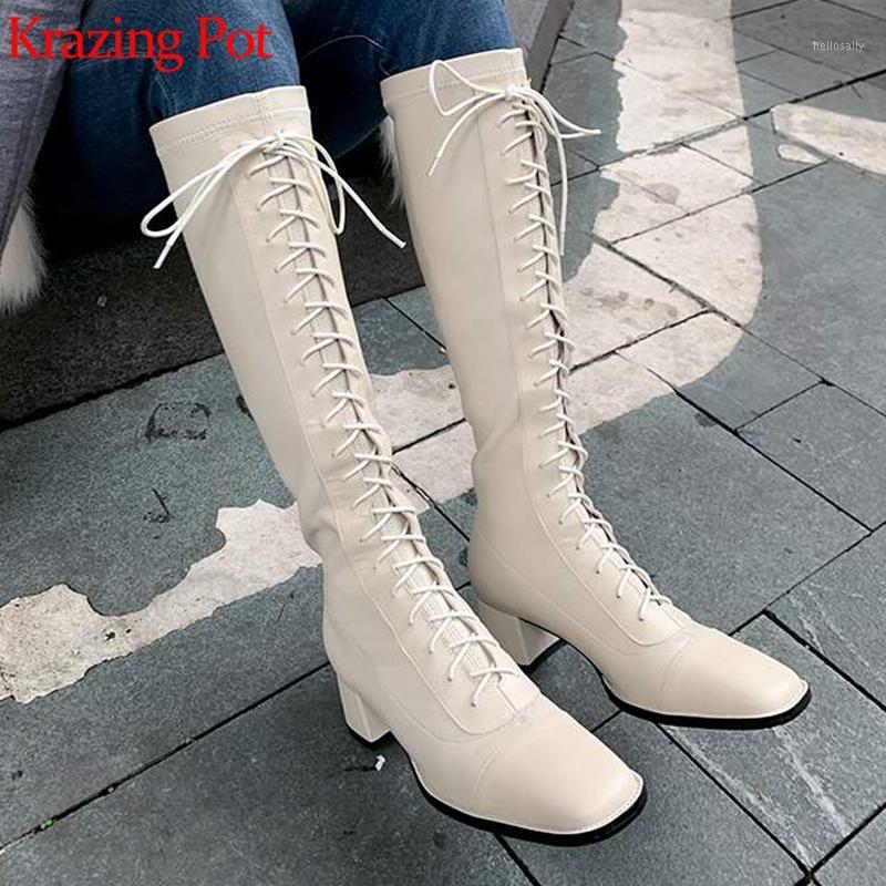 

Krazing Pot cow leather med heel square toe equestrian cross-tied fashion keep warm European design Korean thigh high boots l7f11, Beige