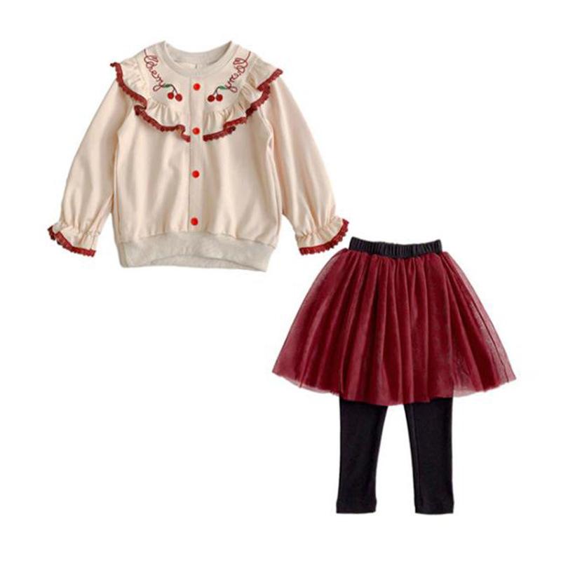 

Original Zebra Remember little girls autumn skirt set girls Cherries embroidery upwear+mesh skirt two piece kids boutique suits, Bn1468