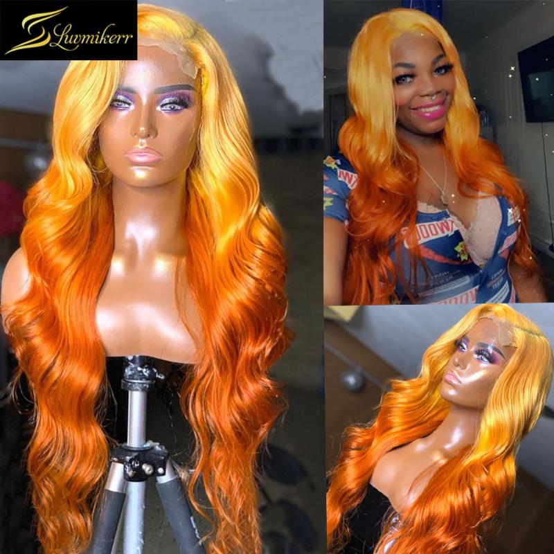 

Colored Ombre Ginger Yellow Orange Pre Plucked HD Transparent Body Wave Closure Wigs 13x6 Lace Frontal Human Hair Wigs Brazilian, Black;brown