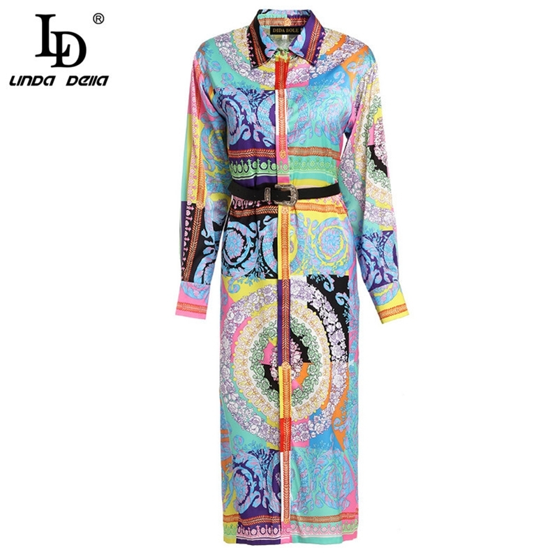 

LD LINDA DELLA Spring Fashion Runway Holiday Dress Women's Long Sleeve Gorgeous Vintage Floral Print Midi Belted Dress vestido LJ200911, Multi