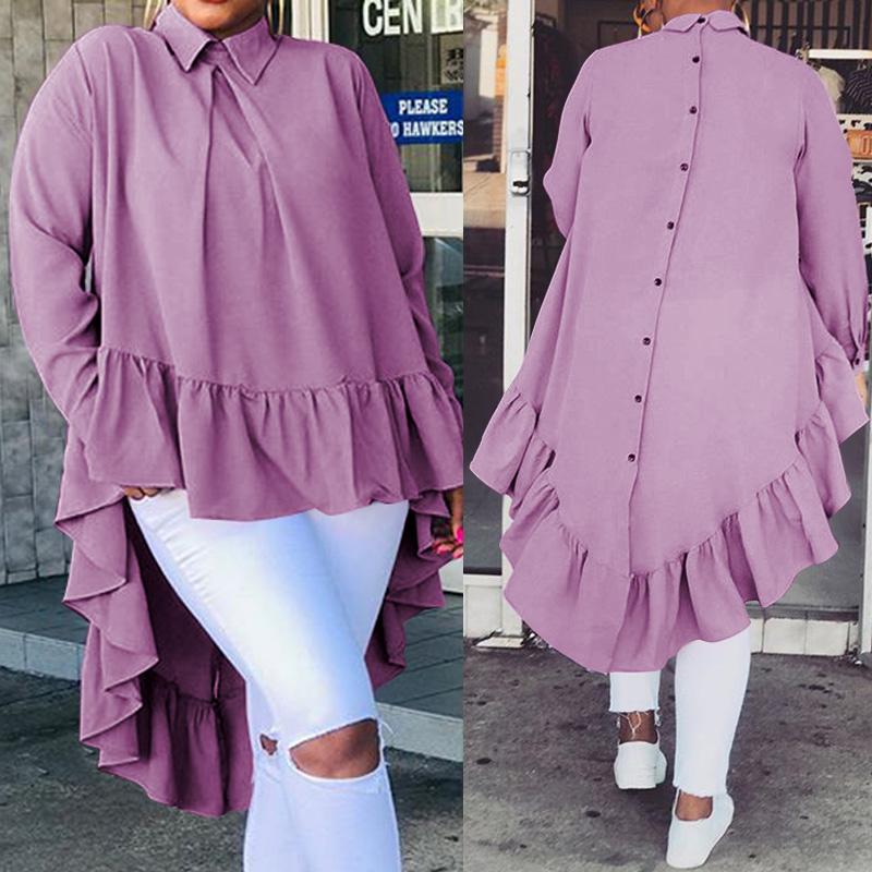 

Celmia Women Asymmetrical Tops 2020 Fashion Solid Back Buttons Ruffles Shirts Long Sleeve Lapel Casual Blouses Ladies Blusas 5XL, Black