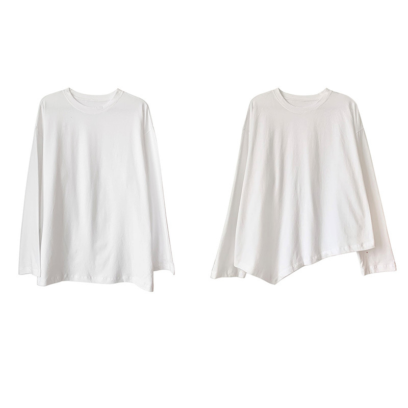 

Simple basic round neck long sleeve T-shirt for women Korean version design feeling irregular fold wear loose bottom shirt 3190, White