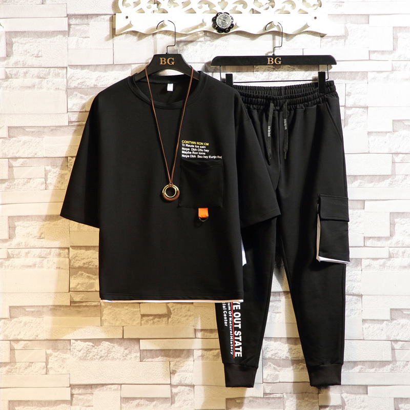 

2021 New Fashion Casual O-neck Pattern Short Sleeve t Shirts+pants Elastic Waist Tracksuit for Men 2 Pieces Set A30m, 221ji