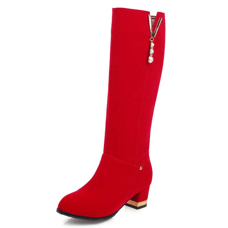 

Zipper Med Heel Boots Winter Shoes For Women Round Toe 2020 Autumn Ladies Over-the-Knee Rubber Metal Decoration Short Plush