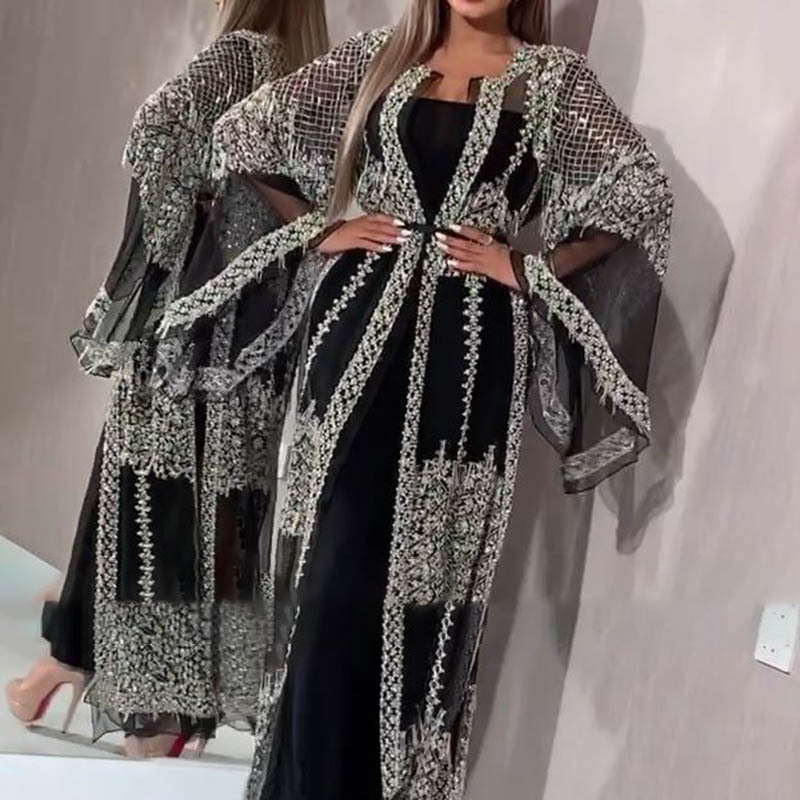 

Fashion-2020 Muslim Dress High Class Sequins Embroidery Lace Ramadan Kaftan Islam Kimono Women Turkish Eid Mubarak