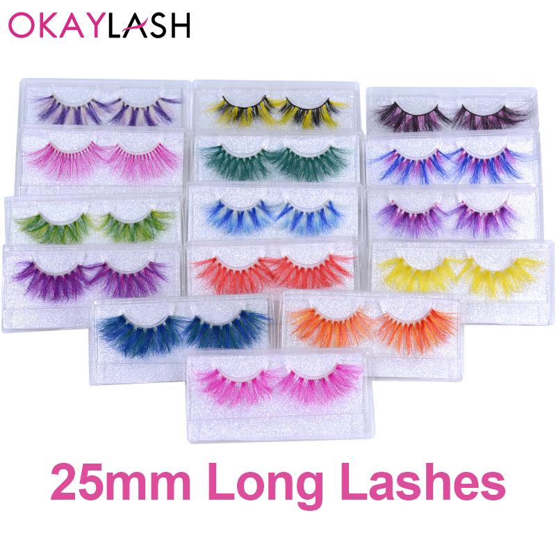 

OKAYLASH 1pair/box real mink color 25mm long siberian eyelashes costume fancy ball dramatic unique colored red blue fake lashes