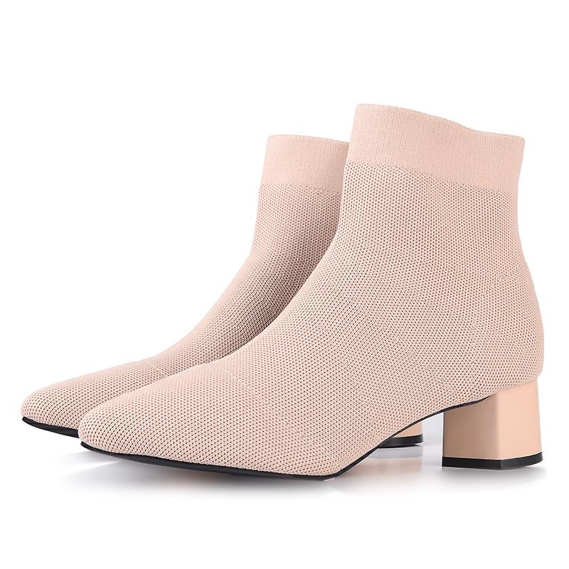 

Black Beige Women Knit Elastic Socks Boots Shoes Elegant Pointed Toe Ankle Boots Women Stretched Fabric Shoes Chunky Heel