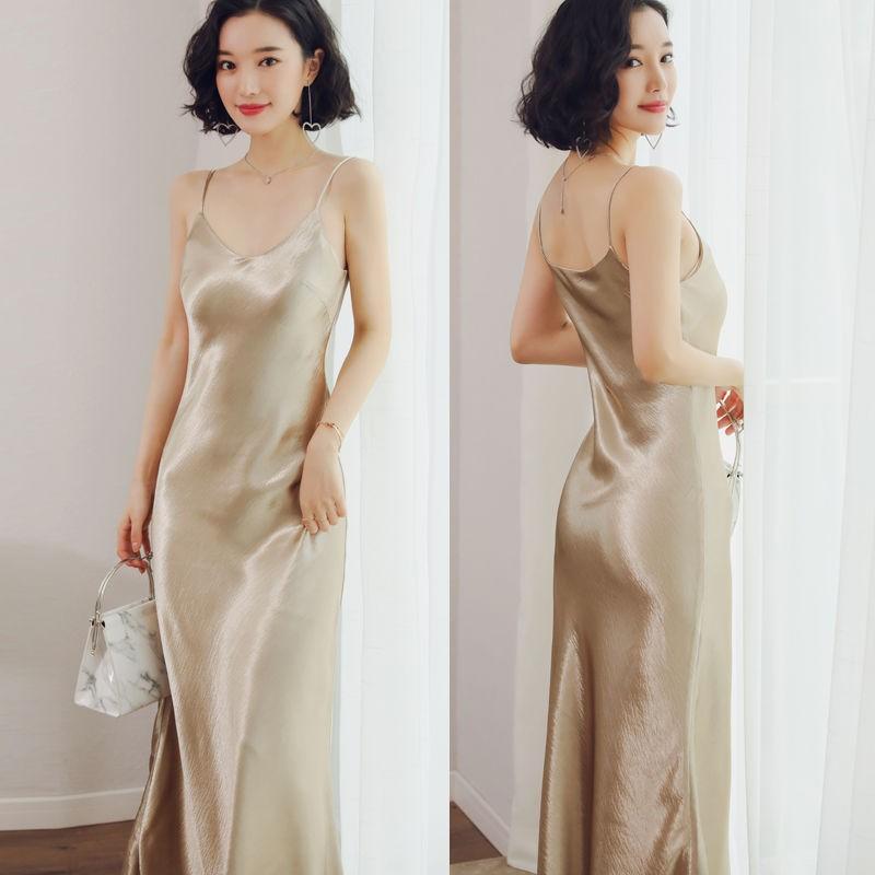 

Women Satin Nightdress Champagne Summer New Suspender Skirt Sleepwear V-neck Nightgown Sexy Long Spaghetti Stap Night Dress, Yellow backless b