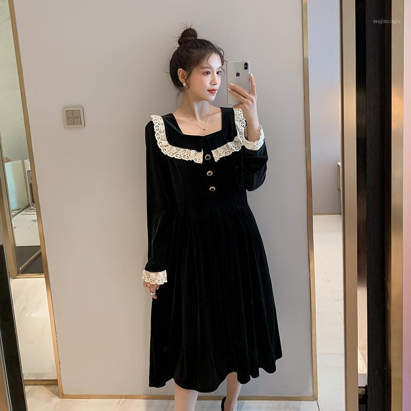 

Autumn Square Collar Pregnant Woman Dress Office Lady Elegant Velvet Dress Black Party Dresses Formal Maternity Work Dresses1