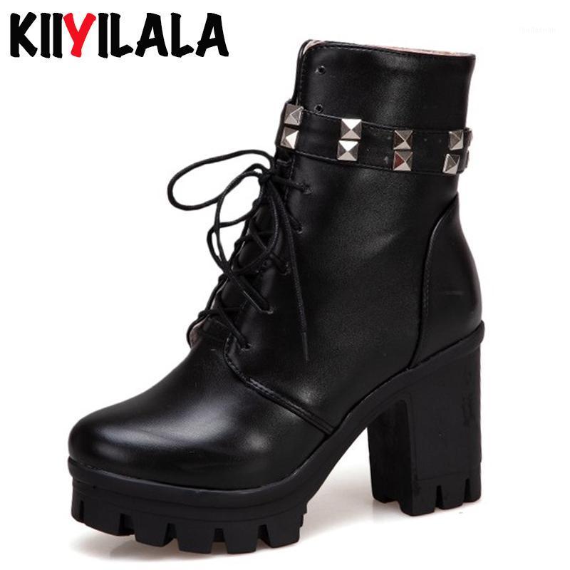 

Kiiyilala Cross-tied Platform Boots Women Ankle Boots With Rivet Square Chunky Heel Autumn Winter Warm Womens Size 34-431, Black