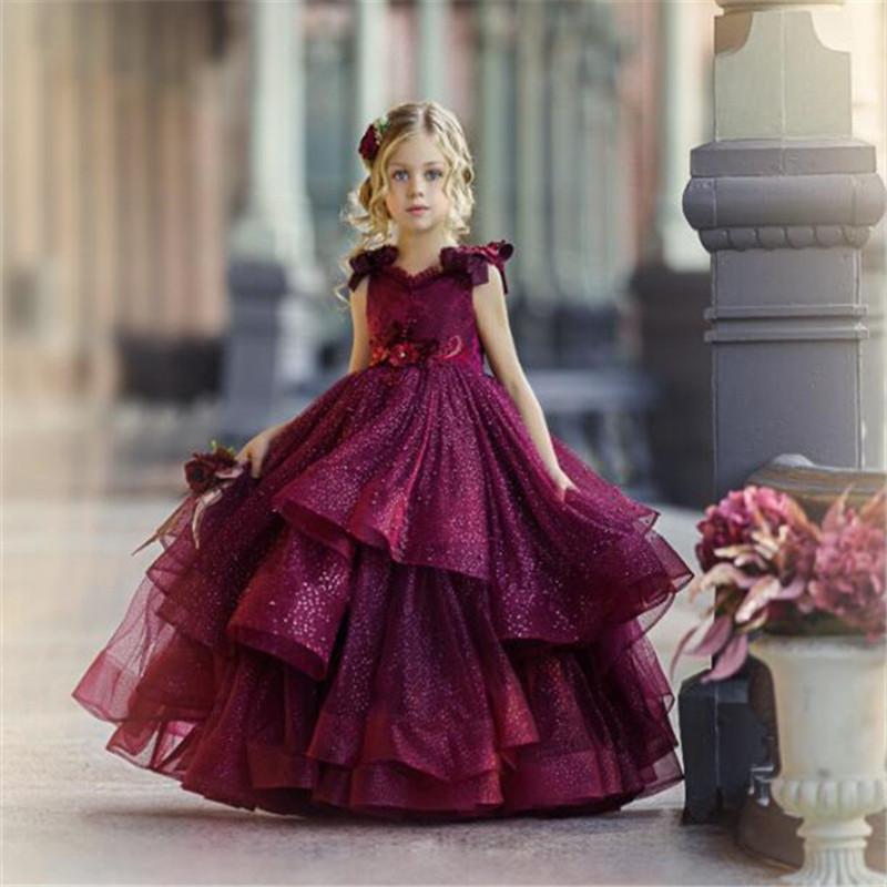 

Luxury Shiny Flower Girls Dresses Princess Ball Gown Burgundy Line Children Birthday Dress Pageant Gown