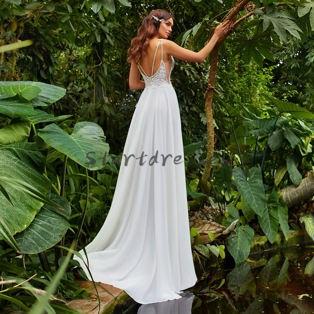

Summer Forset Country Wedding Dreses With Slit Simple Full Length Chiffon Lace Bohemian Garden Wedding Dress Cheap Backless Boho Bridal Gown, Dark green