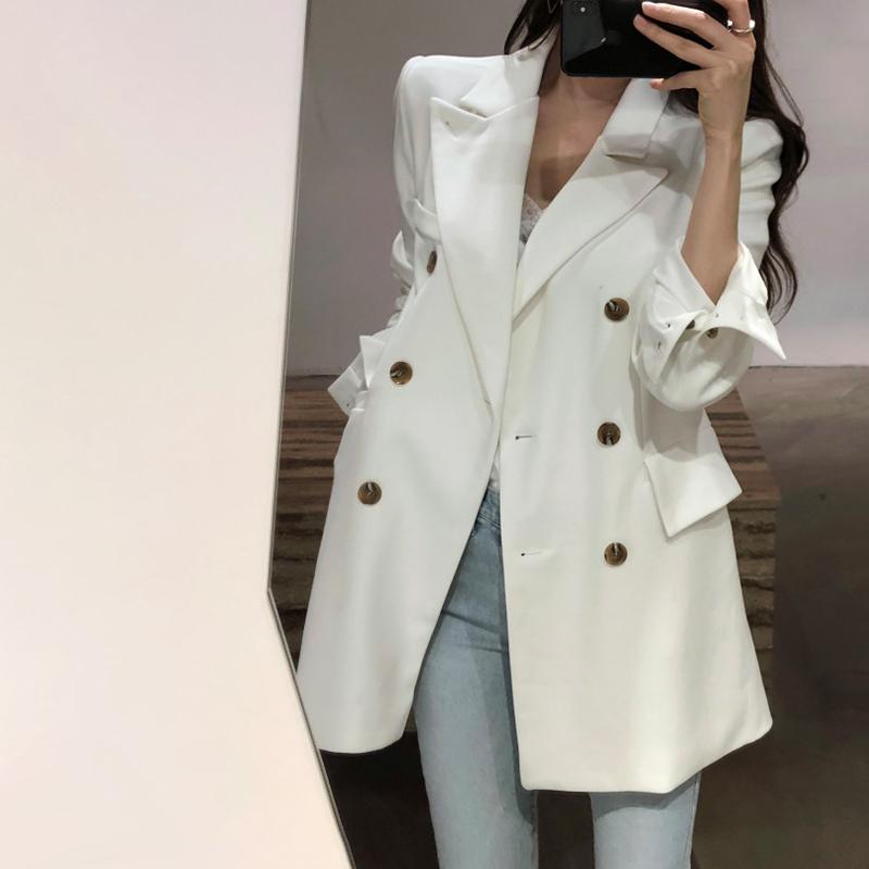 

Long Blazer Women Classic Double Breasted Long Sleeve Suit Jacket Coat Pockets Blaser Femme White Black Pea Coat Female Clothes