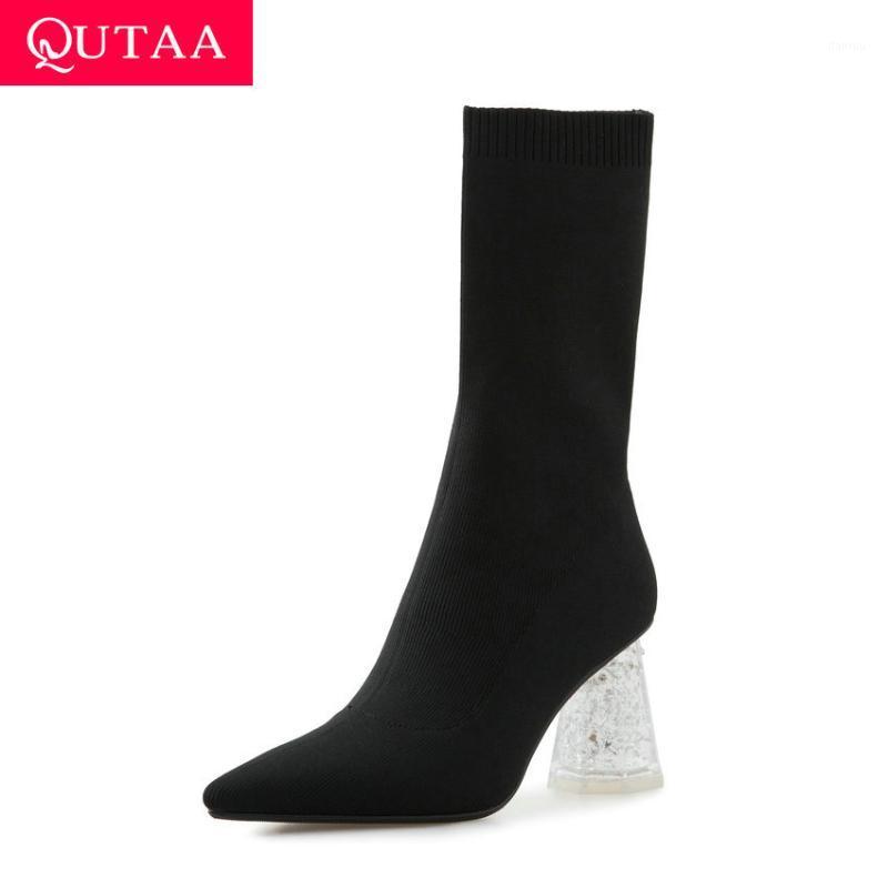

QUTAA 2021 Stretch Knitting Pointed Toe Slip On Mid Calf Boots Transparent Square High Heel Fashion Women Shoes Big Size 34-431, Black