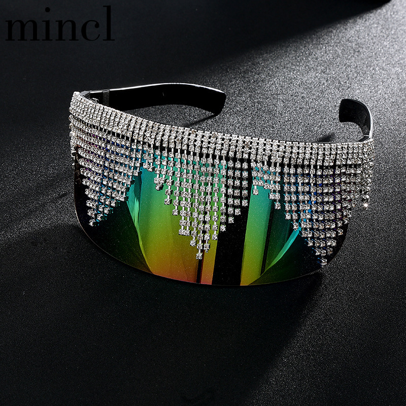 

2020 Fashion Rhinestone Oversized One Lens Rhinestone Sunglasses Men Women Crystal Geometric Patterns Sun Glasses UV400 NX
