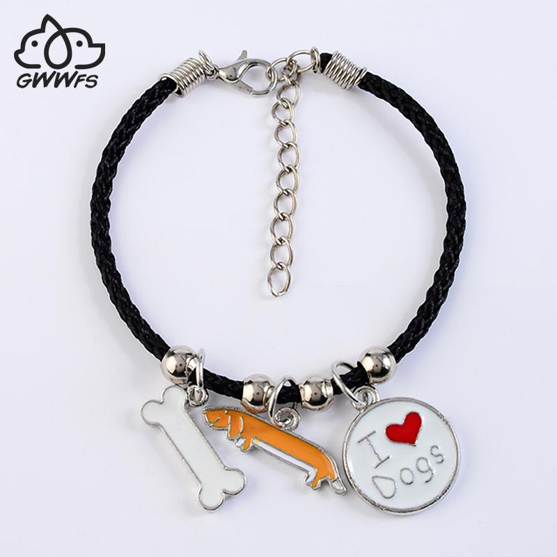 

Charm Bracelets Dachshund Pet Dog For Women Girls Men Rope Chain Silver Color Alloy Bone Pendant Male Female Wrap Bracelet Femme