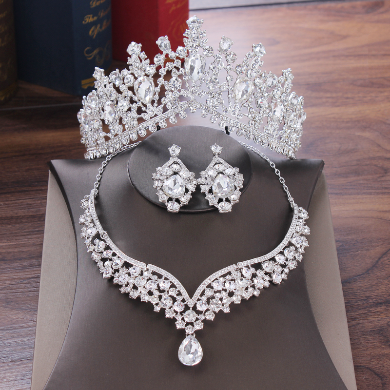 

Crystal Water Drop Bridal Jewelry Sets Rhinestone Tiaras Crown Necklace Earrings for Bride Wedding Dubai Jewelry Set, Silver