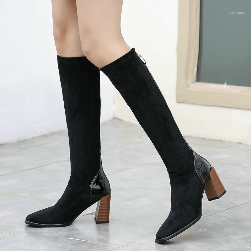 

High Quality Elastic Flock Slim Thighs Fit Knee High Boots Women Fashion Comfort Square Toe Zipper Black Women Knight Boots 431