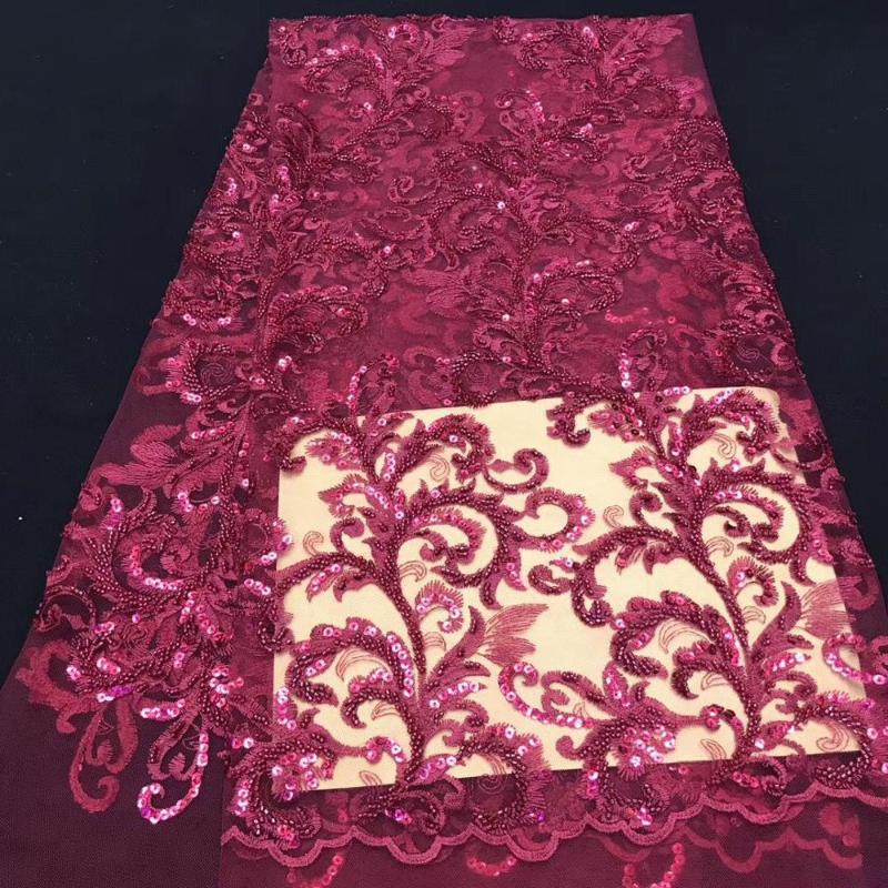 

Burgundy french sequins lace fabric 2020 high quality embroidered african handmade beaded lace fabric nigerian laces for dresses