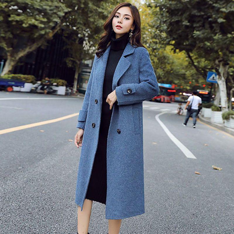 

Long Wool Blend Coat Women Long Sleeve Double Breasted Outwear Jacket Casual Autumn Winter Elegant Overcoat, Black