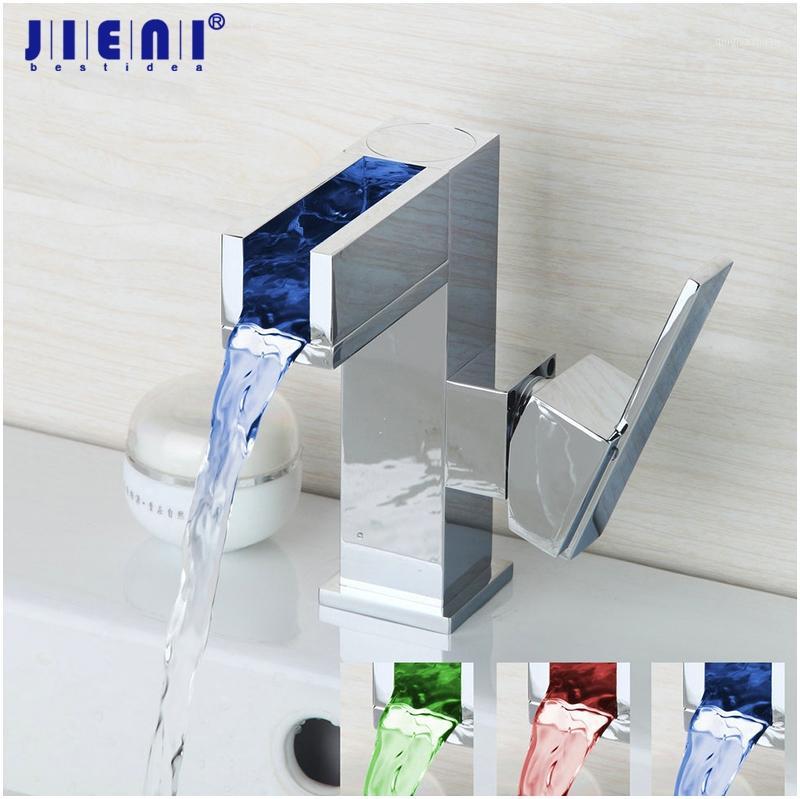 

JIENI Chrome Polished Basin Faucet 3 Colors LED Waterfall Faucet Bathroom Basin Led Water Power Mixer Tap Deck Mounted1