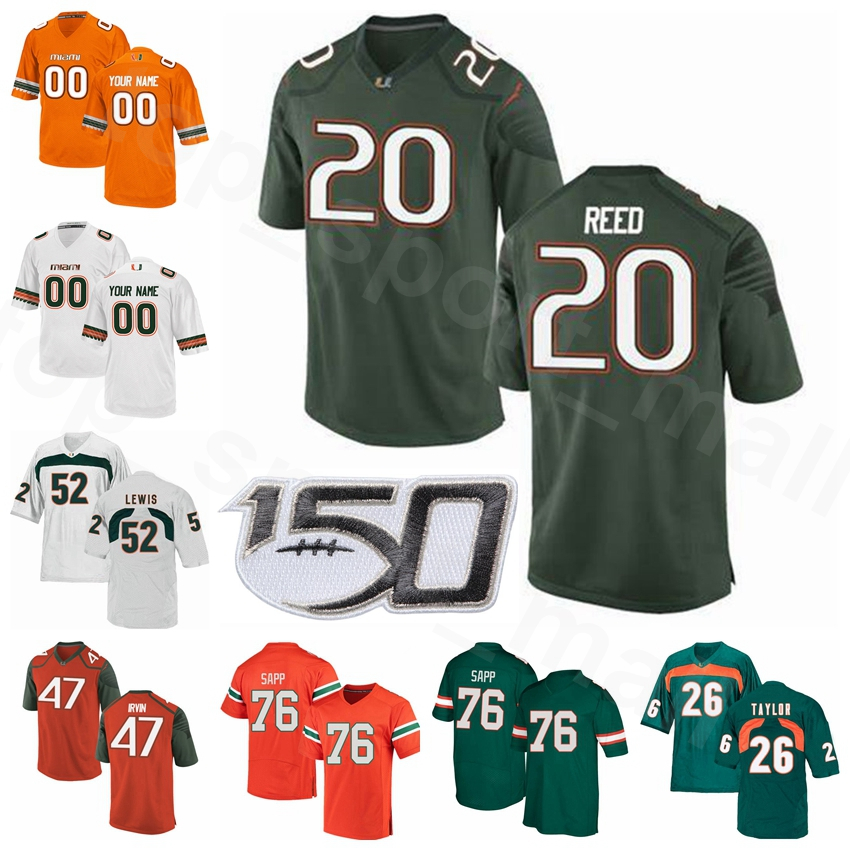 

Miami Hurricanes NCAA College Football 52 Ray Lewis Jersey 20 Ed Reed 26 Sean Taylor 47 Michael Irvin Warren Sapp Men Women Youth, With 150th patch