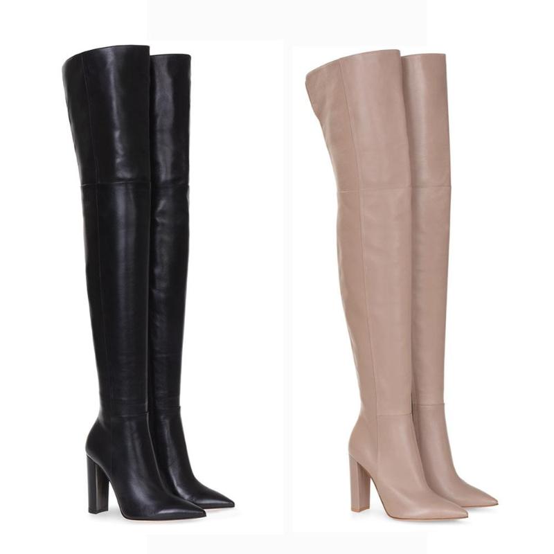 

2020 ladies PU over the knee boots black simple and versatile pointed fashion party street shooting high heel boots size 34-46, Nude