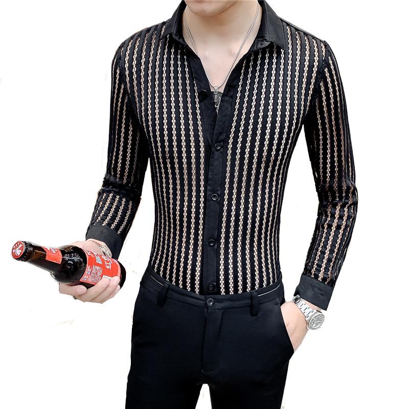 

Men Perspective Chiffon Summer Nightclub Style Long SleevedShirt Party Fashion Sexy Male Boutique Stripe Blouse, Black