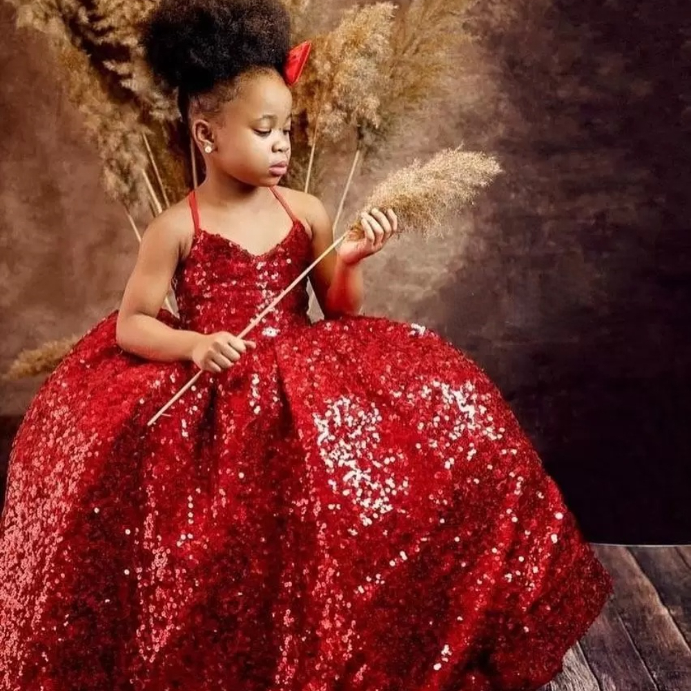 

2022 New Year' Cute Sparkly Red Ball Gown Little Flower Girl Dresses Halter Neck Sequined Floor Length First Communion Pageant Dress G, White;blue