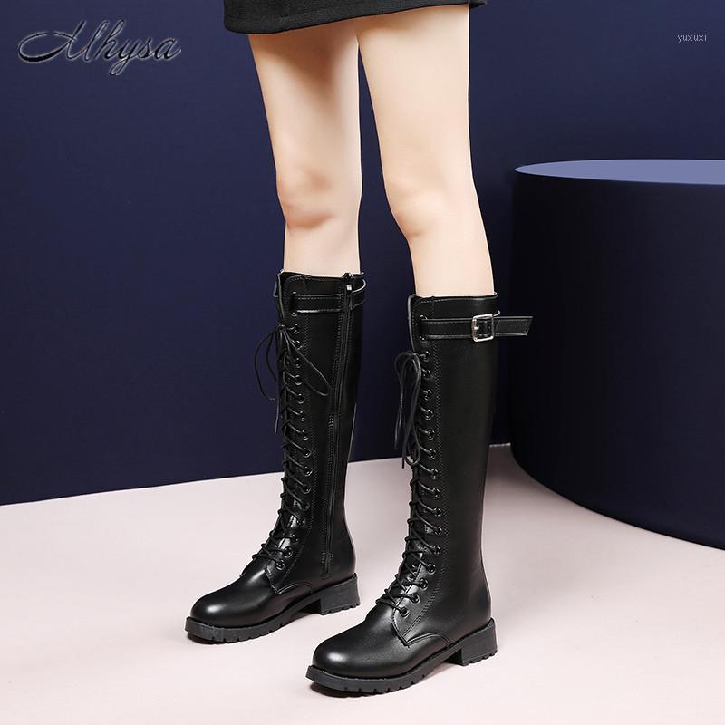 

2020 Winter Women's Boots Fashion Lace-up Square-Heel PU Boots Round Toe Mid-heel Warm Women's Mid-calf Zapatos De Mujer1, Black