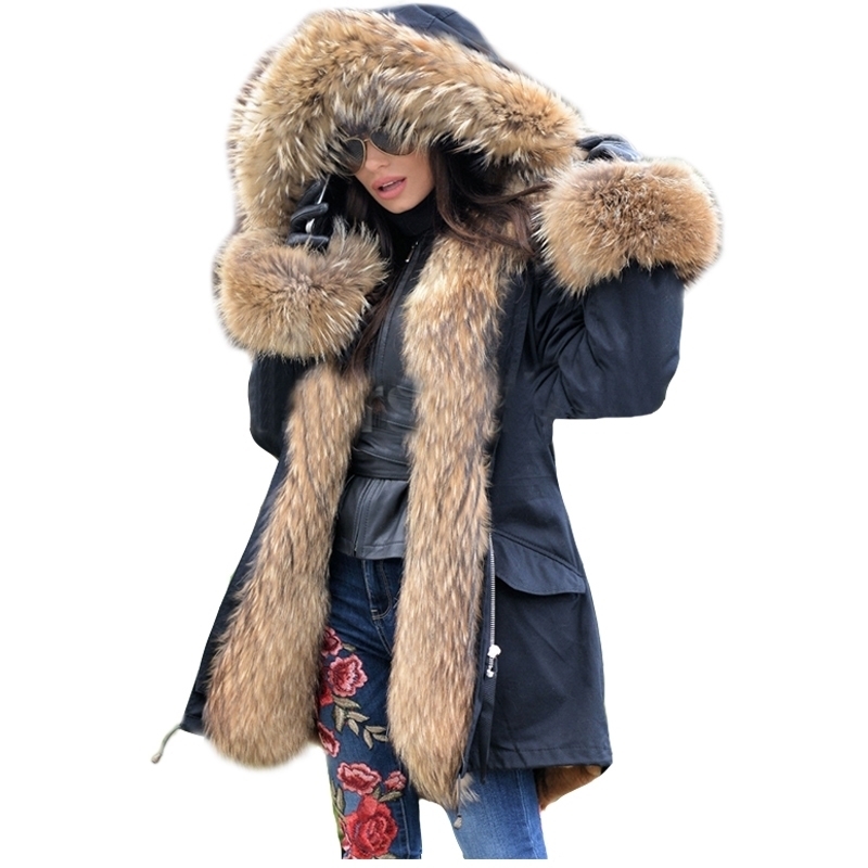 

LaVelache 2020 Long Parka Real Fur Coat Winter Jacket Women Natural Real Fox Fur Coats Outerwear Streetwear Casual Oversize New 201124, Long khaki nature