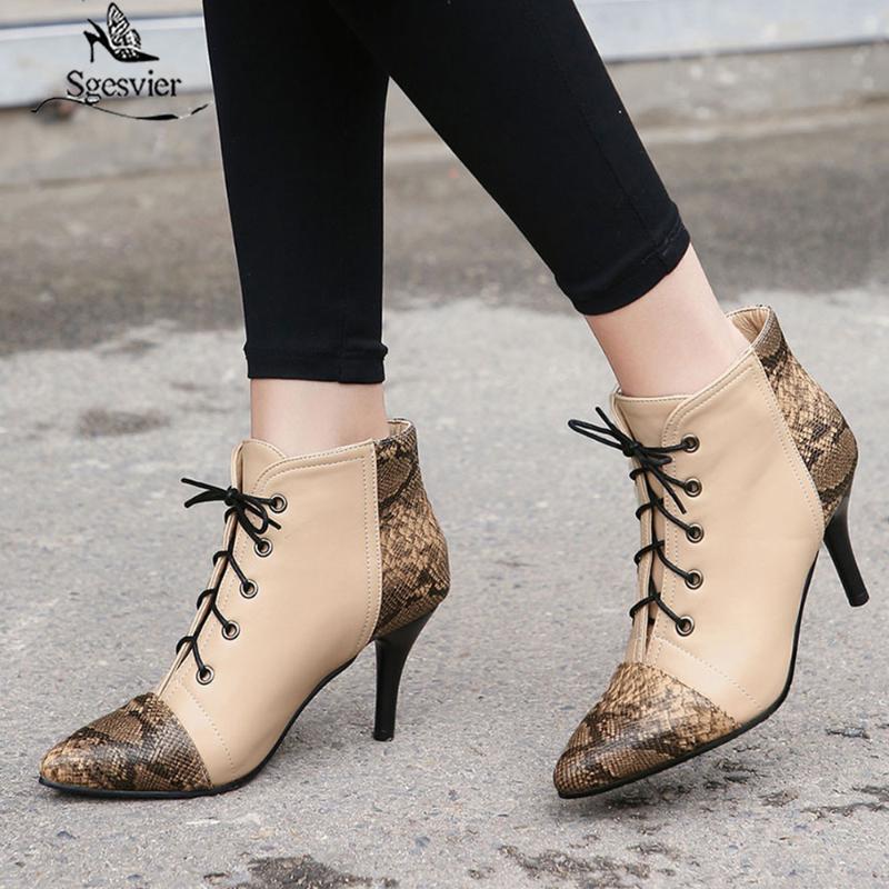 

Sgesvier 2020 Fashion Mixed Color Snakeskin PU Leather Ankle Boots Sexy Pointed Toe Thin High Heel Lace Up Women Shoes G680, Black
