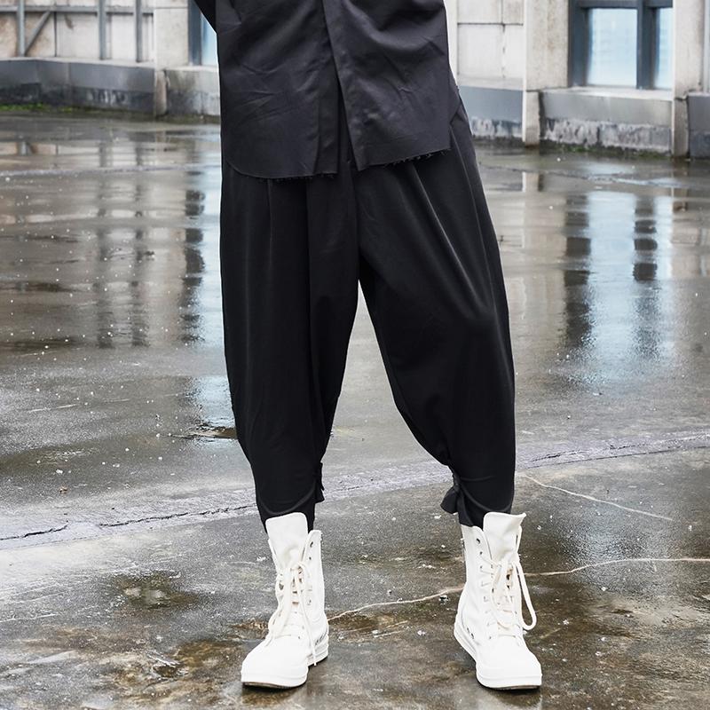 

L!2020 autumn new trend wild loose cropped trousers hair stylist handsome youth popular dark casual pants men, Black