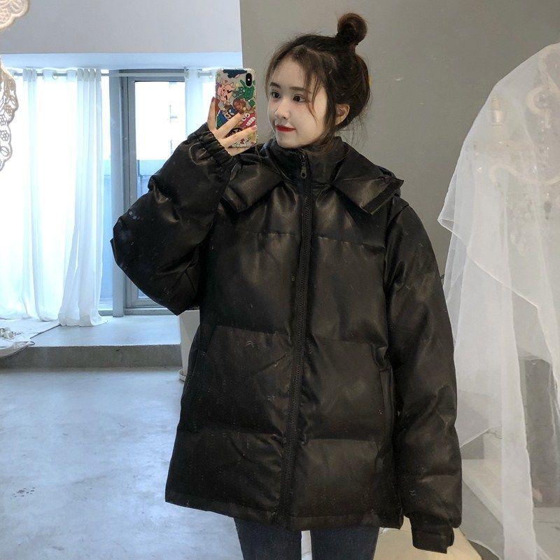 

Luck A Korean Women Winter Warm Hooded PU Leather Cotton Padded Down Jacket Loose Bread Coat Female Black Plus Size Overwear