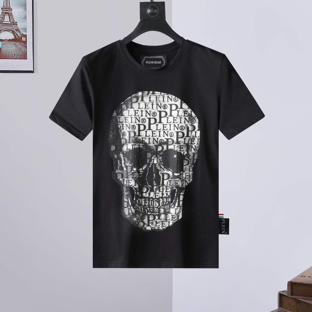 

Men's T-Shirts ROUND NECK SS SKULL AND PLEIN Mens Designer Tshirts Rhinestone Skulls Men T-shirt Classical High Quality Top Tees PB 16587, Black