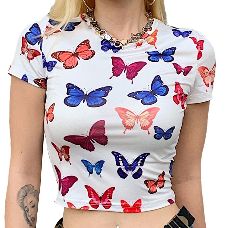 

Women Ladies Summer Casual Short Sleeve Cropped Shirt Butterfly Printed Wrapped Elastic Casual Party Round Neck Shirts, As pic